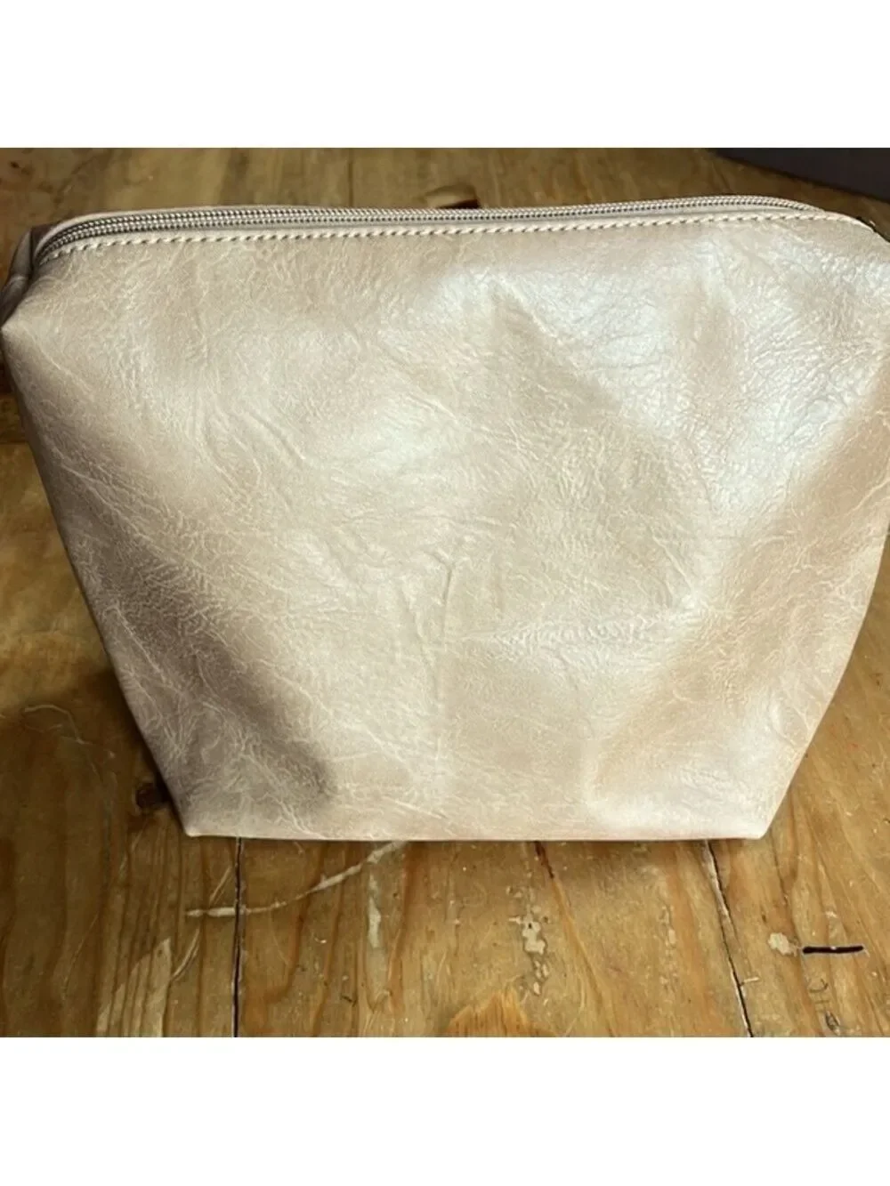 𝅺anthropologie tan faux leather cosmetic case make up bag clutch carryall